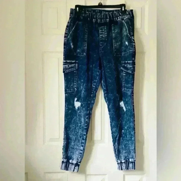 Wax Jean Pull On Tapered Distressed Jeans Women's Large Acid Wash Blue Stretch - Picture 8 of 12